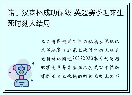 诺丁汉森林成功保级 英超赛季迎来生死时刻大结局 诺丁汉森林成功保级 英超赛季迎来生死时刻大结局