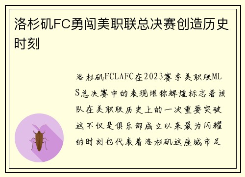 洛杉矶FC勇闯美职联总决赛创造历史时刻 洛杉矶FC勇闯美职联总决赛创造历史时刻
