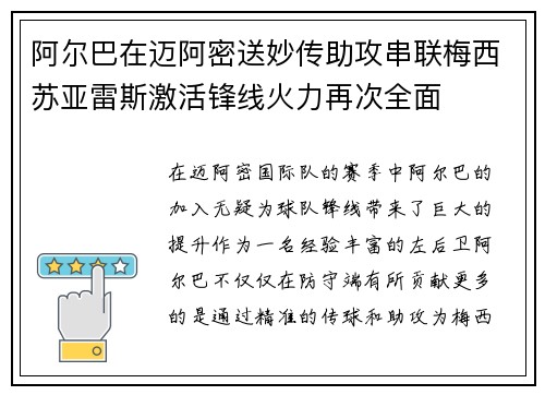 阿尔巴在迈阿密送妙传助攻串联梅西苏亚雷斯激活锋线火力再次全面